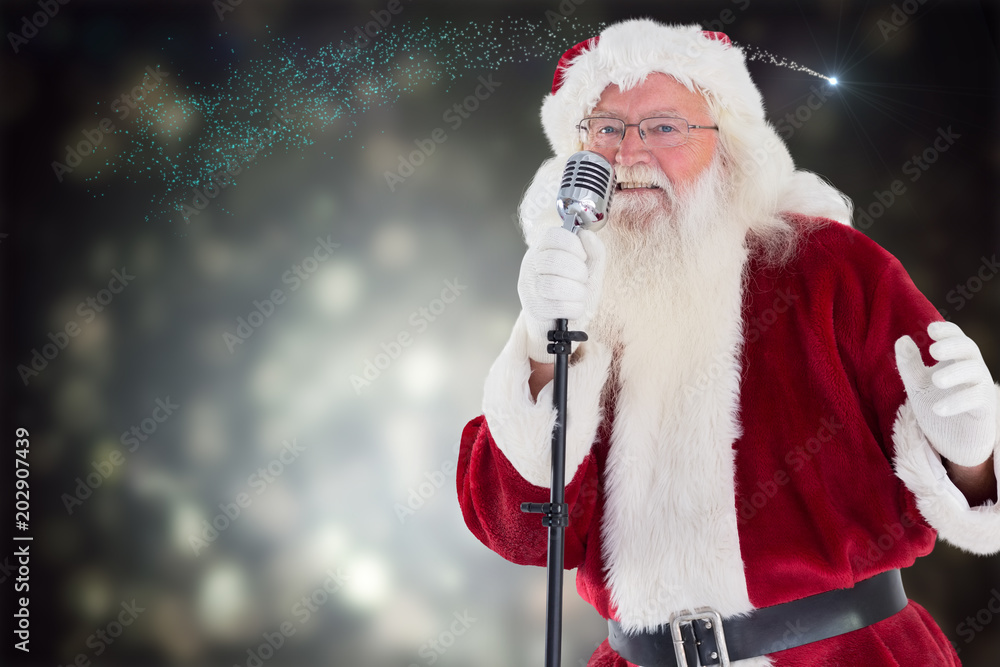 圣诞老人对着黑色抽象光点设计唱圣诞歌曲