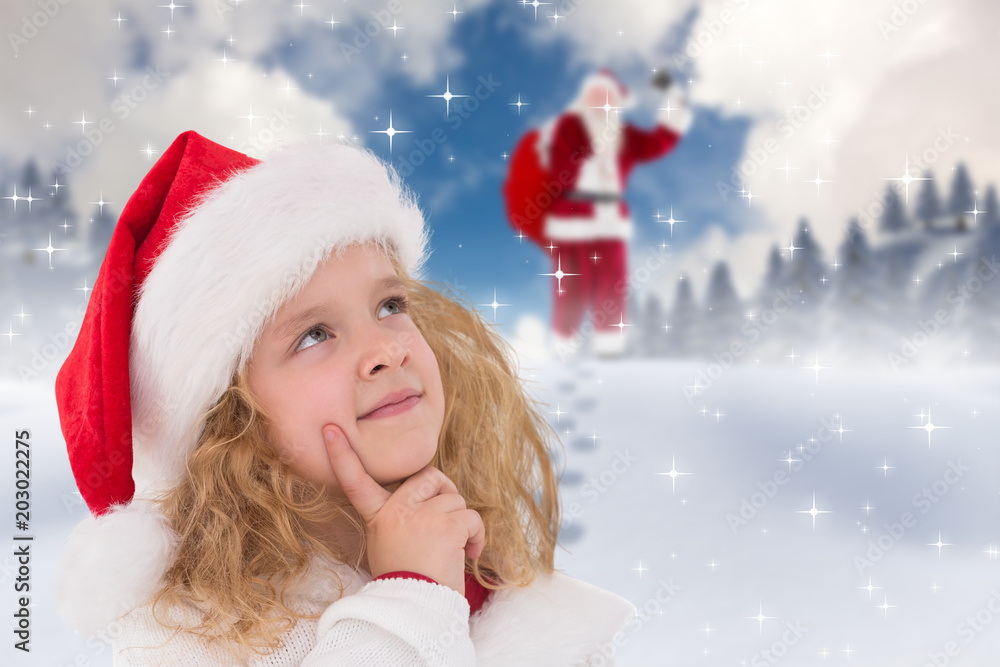 Festive little girl thinking and looking up against blue sky with white clouds