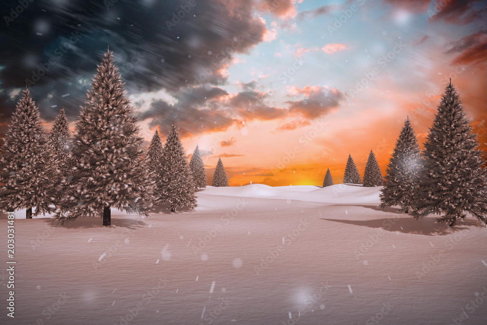橙色和蓝色天空与云彩的雪景合成图像