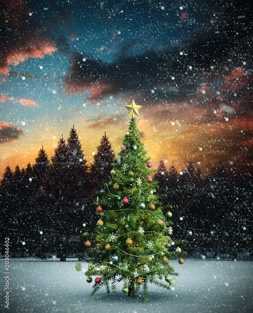 雪景中圣诞树与冷杉林的合成图像