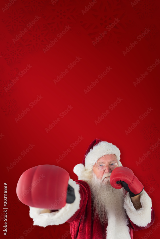 圣诞老人在红色背景下用右手猛击
