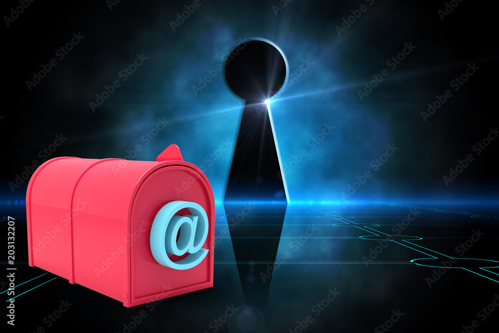 科技黑色背景下钥匙孔旁边的红色电子邮件邮箱
