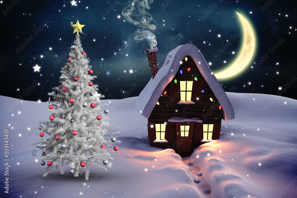 圣诞树和房子与夜空中闪烁的星星的合成图像