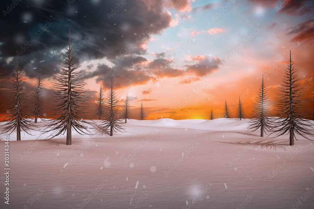橙色和蓝色天空与云彩的雪景合成图像