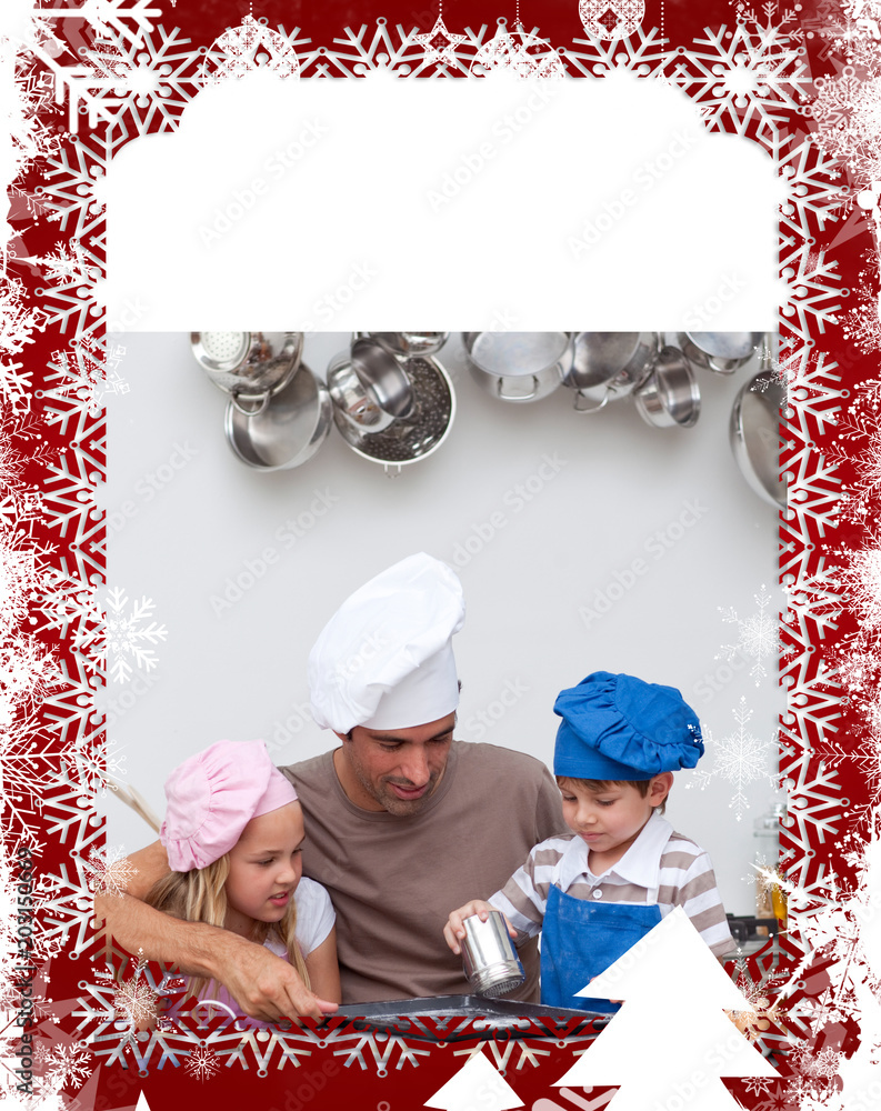 父亲和孩子们在圣诞主题框架下烤饼干