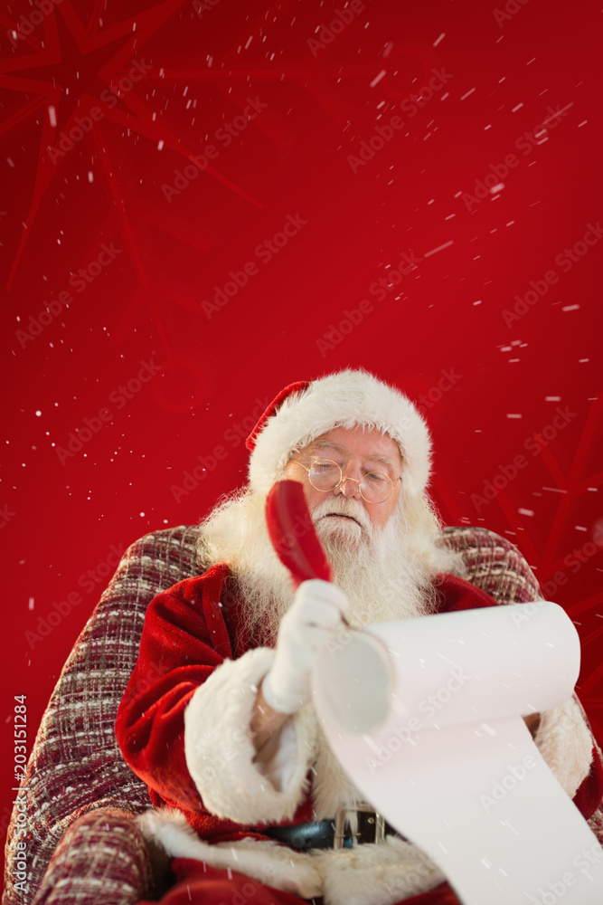 Father christmas writing list with a quill against red snowflake background