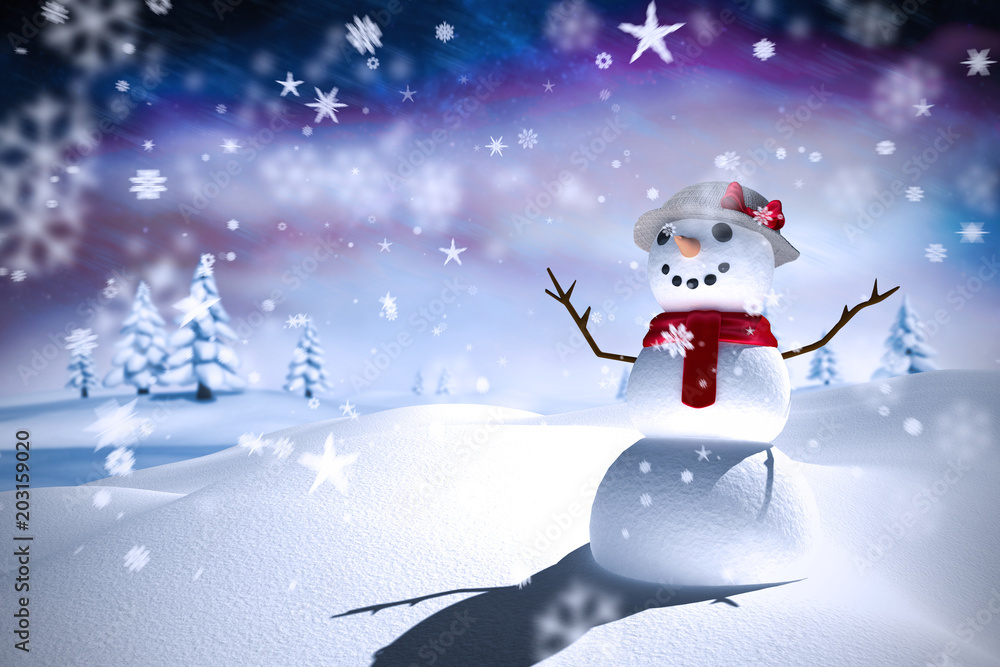 雪人与紫色极光夜空的合成图像