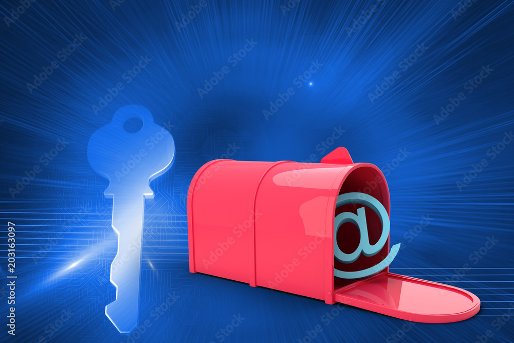 蓝色背景下左角发光键的红色电子邮件邮箱