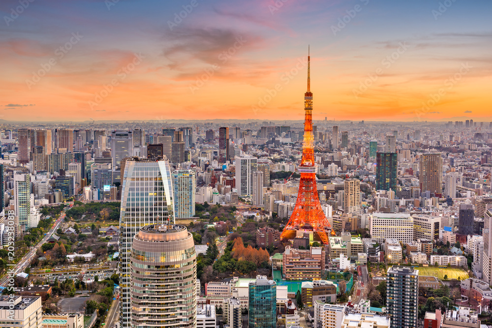 黄昏时的日本东京城市景观和塔楼。