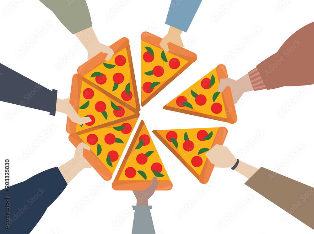 人们分享披萨片的插图