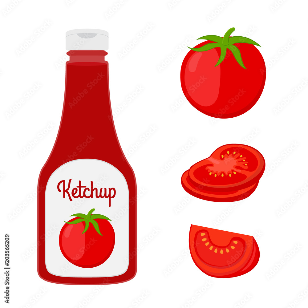 番茄矢量番茄酱。红色酱汁，玻璃调味品，塑料瓶