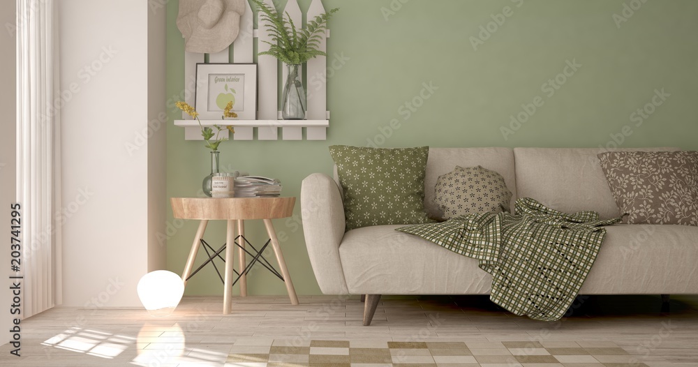 带沙发的绿色极简主义房间的理念。斯堪的纳维亚室内设计。3D插图