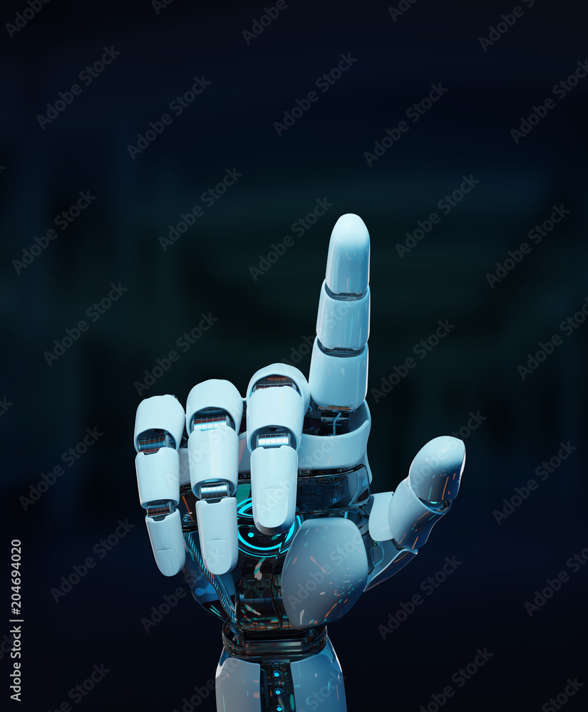 白色半机械人用手指进行3D渲染