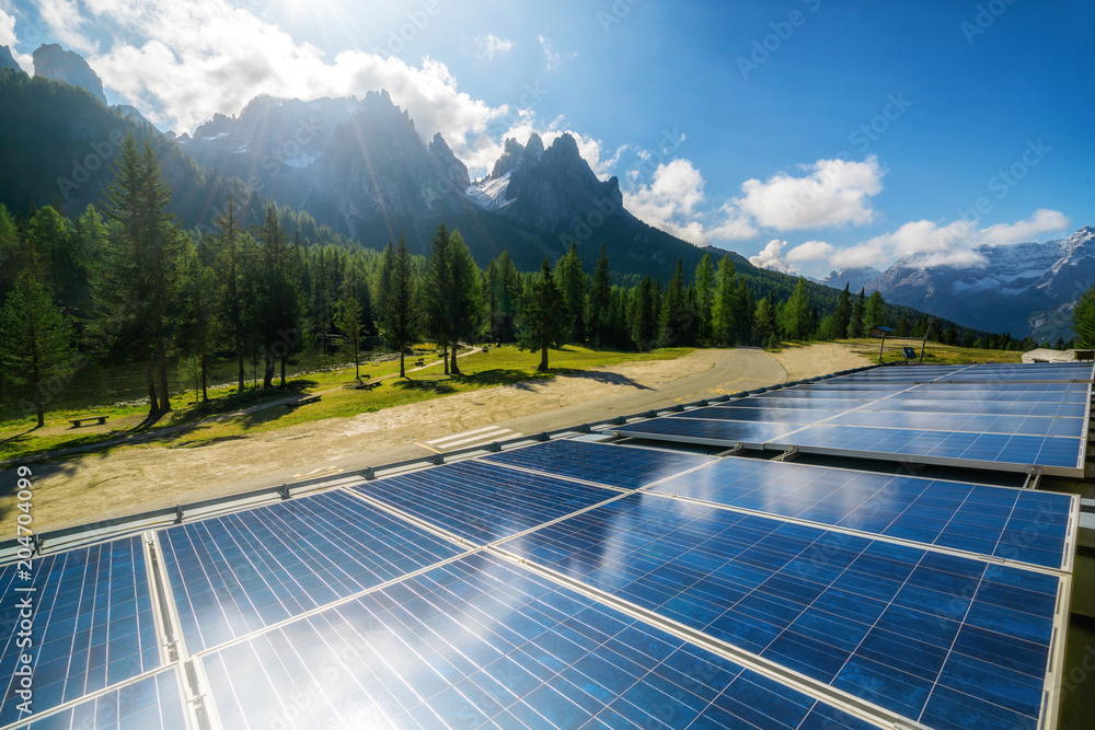 Solar cell panel in country mountain landscape.