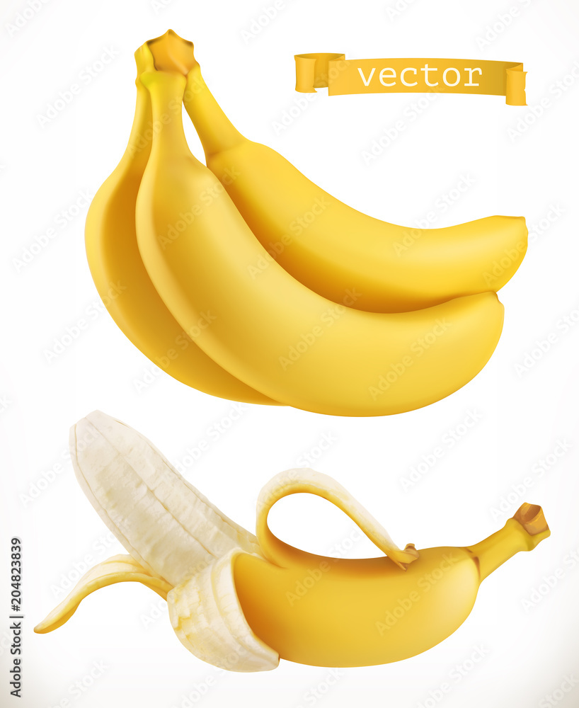 香蕉。新鲜水果3d现实矢量图标
