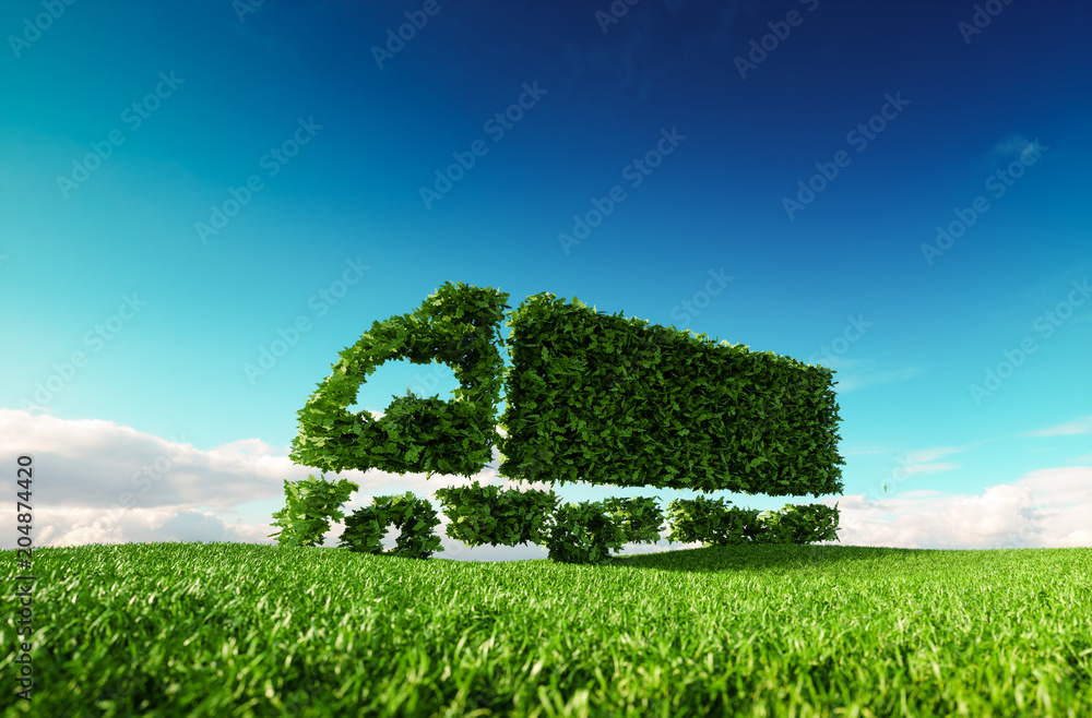环保交通理念。绿色绿色卡车图标在清新的春天草地上的三维渲染图w