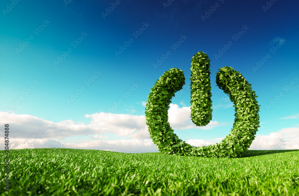 生态友好的可再生能源概念。清新春天草地上绿色电源按钮标志的三维渲染图