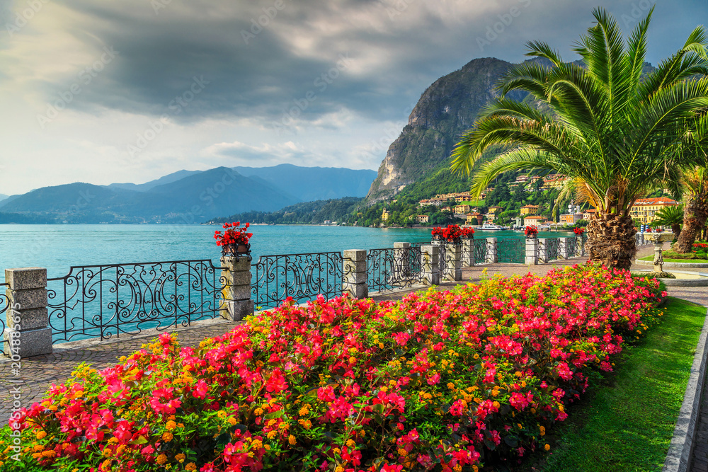 意大利伦巴第大区科莫湖多彩的花朵和壮观的公园