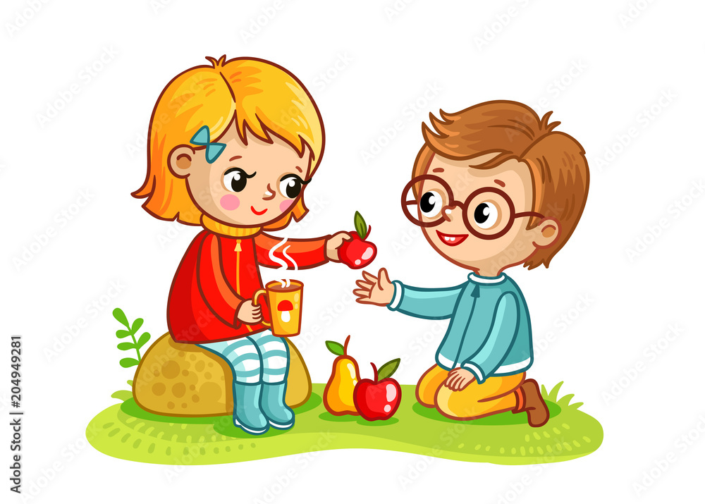 男孩和女孩在大自然中吃饭。野餐时的孩子们吃水果。儿童猪圈中的矢量图