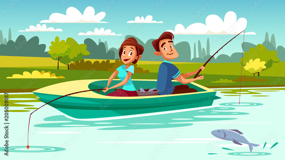 周末度假时，年轻男女在船上用钓竿钓鱼的情侣矢量图