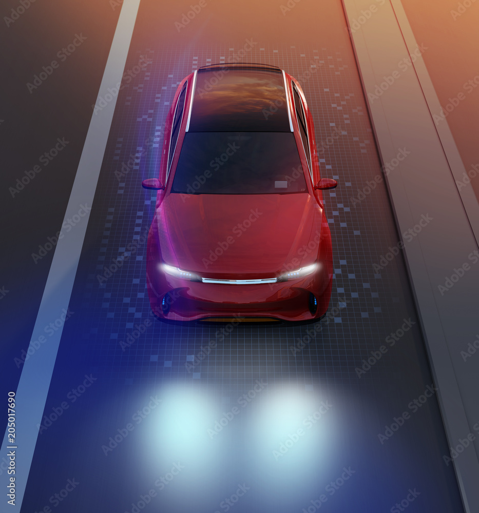 红色SUV在道路上行驶的前视图，图形网格图案经过修饰。夜间交通。3D re