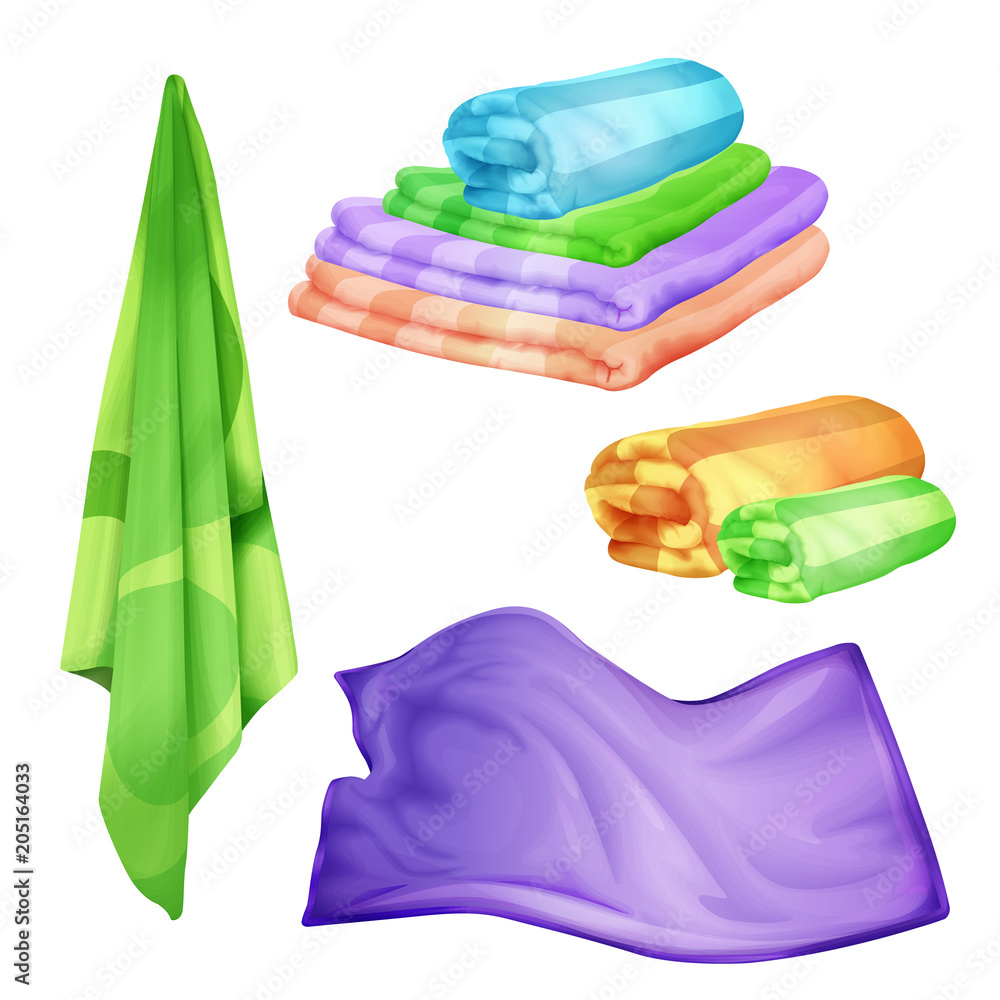 矢量浴室，水疗色毛巾套装。逼真的折叠，悬挂蓬松的棉质物体，淋浴或k