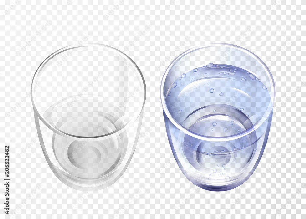 矢量逼真的空玻璃和透明背景上的蓝色水杯子。用于水的三维玻璃器皿