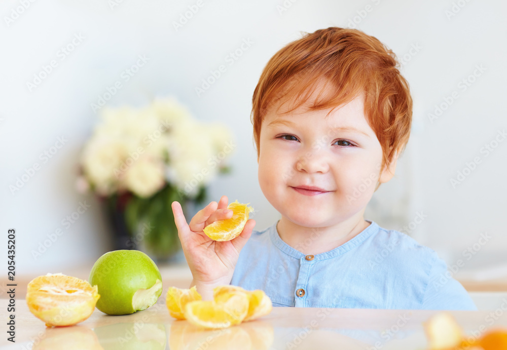 可爱的红头发蹒跚学步的婴儿在厨房品尝橙子片和苹果