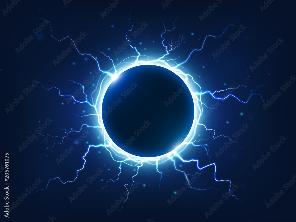 壮观的雷电环绕着蓝色的电球。电力能量球环绕着电子