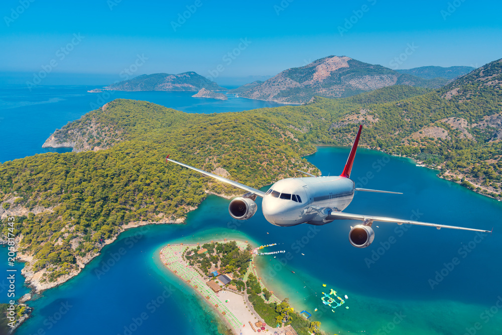 Airplane is flying over amazing mountains with forest and sea at sunrise in summer. Landscape with w
