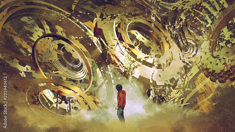 男孩站着看着破碎的金色齿轮，数字艺术风格，插图绘画