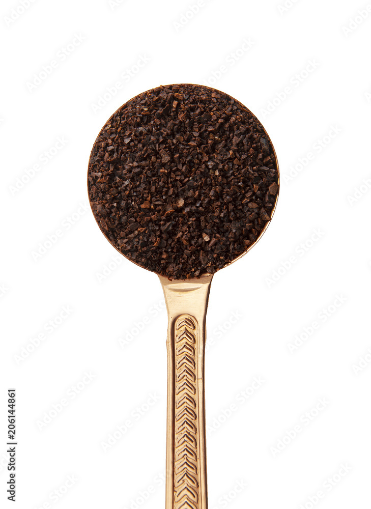 it is measuring coffee spoon with coffee powder isolated on white.