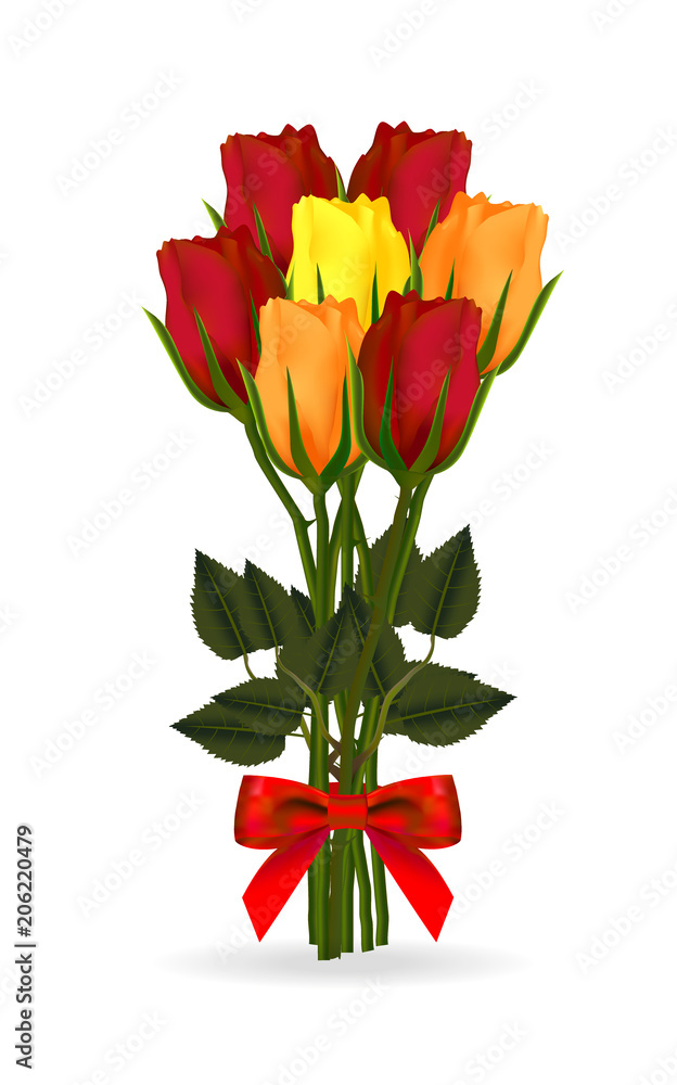 红色、黄色和橙色的玫瑰花束，用一条红色缎带绑着，带一个逼真的蝴蝶结，在whi上与世隔绝