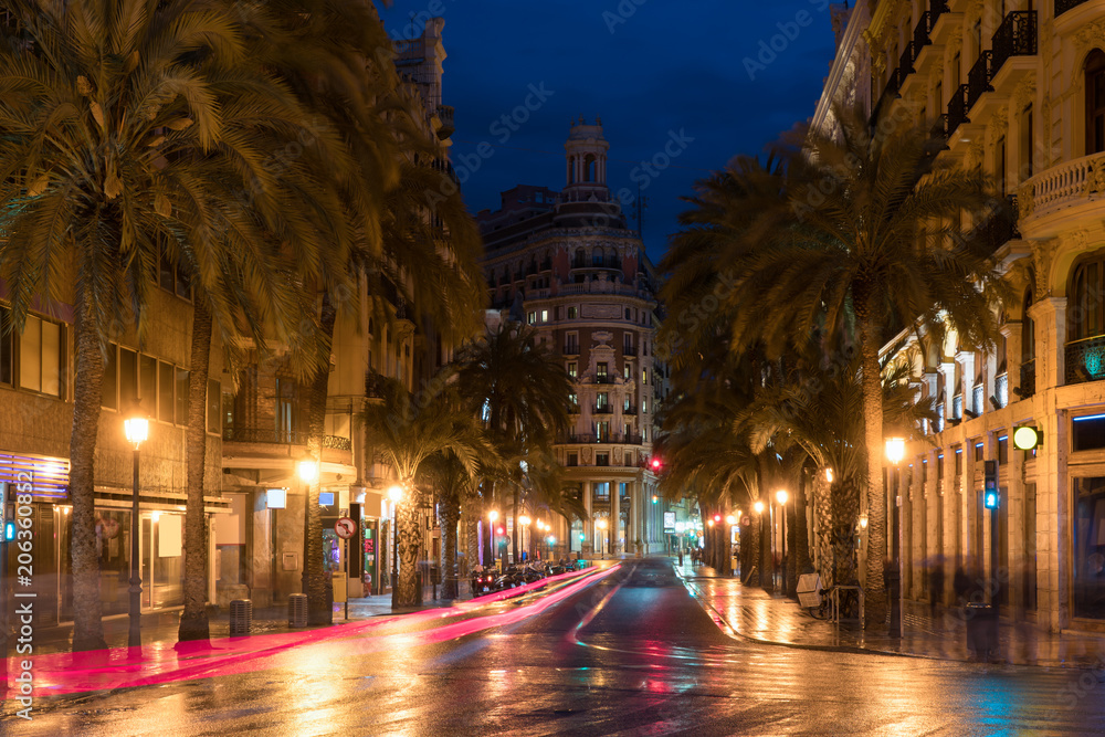西班牙巴伦西亚市中心的夜景。西班牙巴伦西亚市的棕榈树。