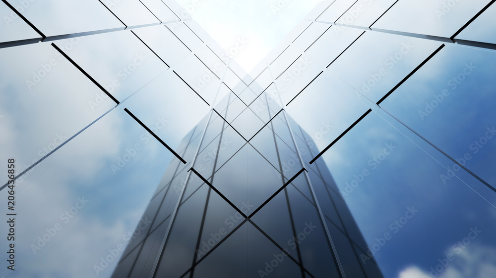 普通现代办公摩天大楼的低角度视图，带有抽象几何玻璃的高层建筑