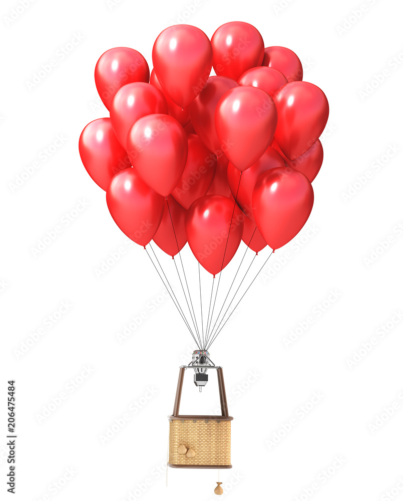 一组红色气球。三维插图一组红色的气球拉着篮子。三维插图