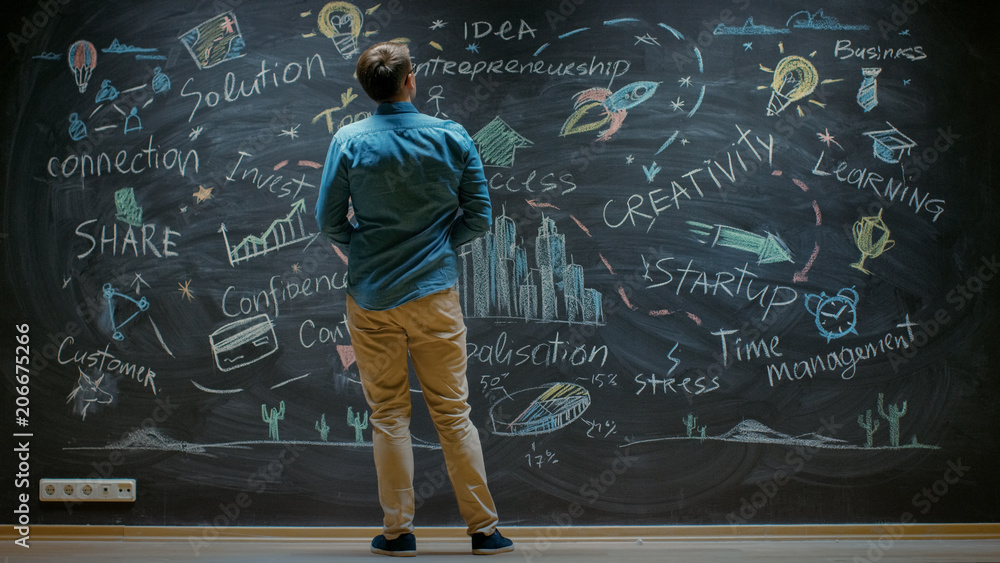 创意企业家站在黑板前用鼓舞人心的话语看着黑板