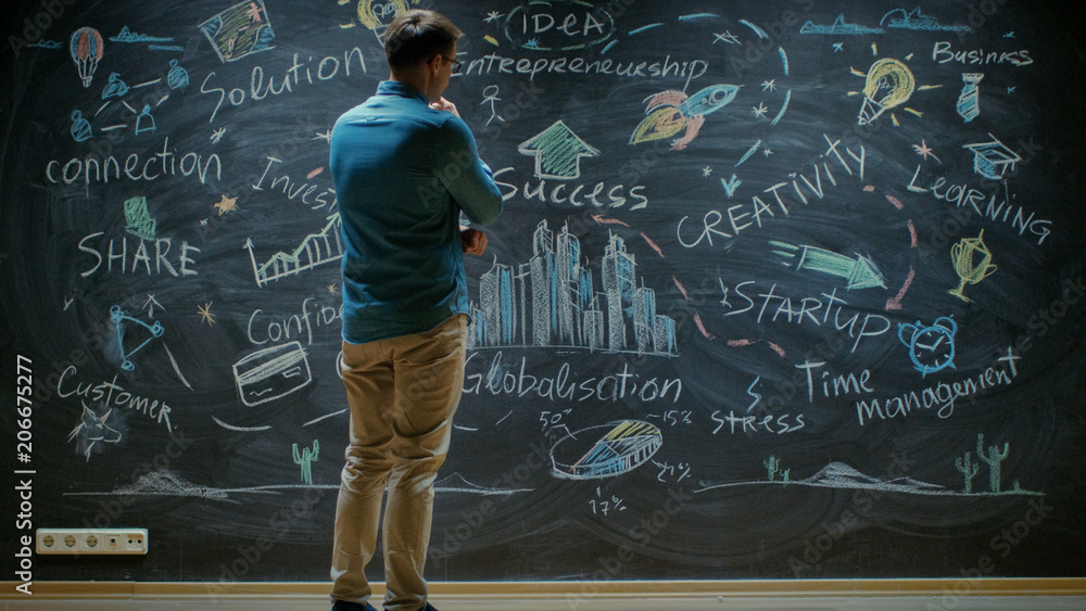 创意企业家站在黑板前用鼓舞人心的话语看着黑板