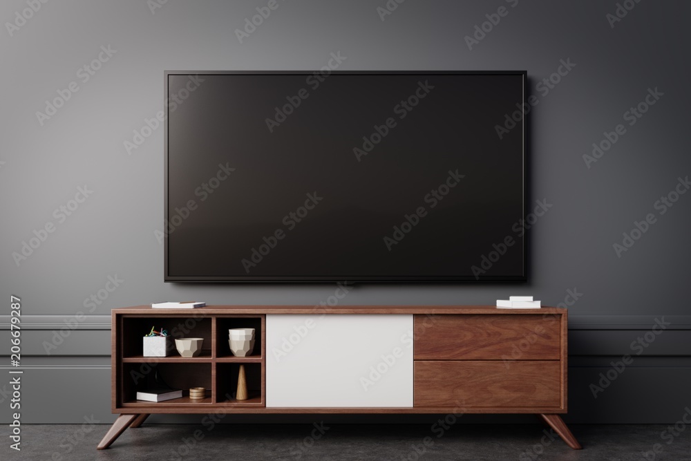 现代室内的电视，背景为暗墙，3d渲染
