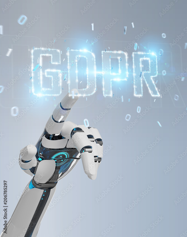 使用数字GDPR接口的白色机器人手3D渲染
