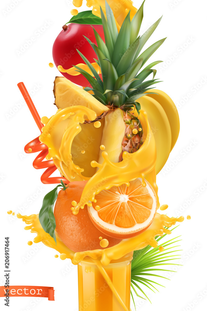 飞溅的果汁和甜的热带水果。芒果、香蕉、菠萝、木瓜、橙子。3d逼真的ve