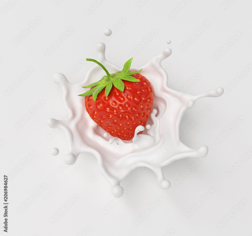 草莓掉进飞溅的牛奶或酸奶飞溅中，带有剪切路径的图标设计元素，3d
