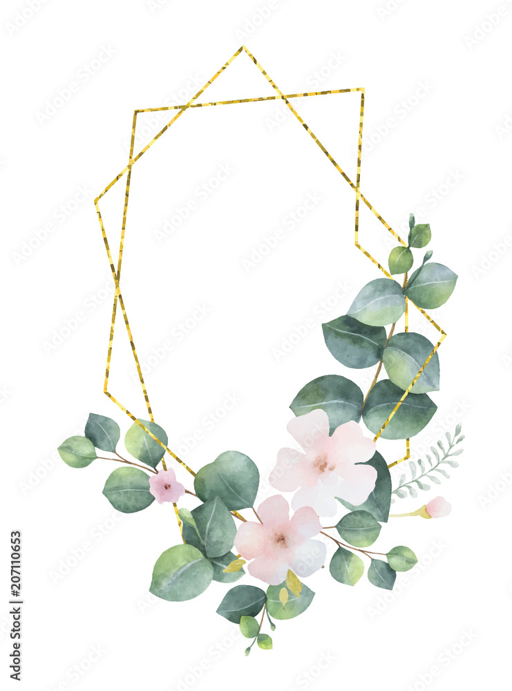 水彩矢量花环金色几何框架，带绿色桉树叶、粉色花朵和树枝