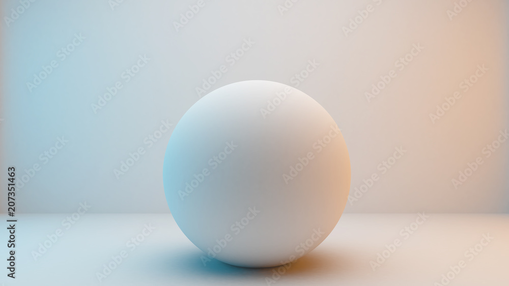 乳白色球体隔离在白色背景上，略带蓝色和橙色照明。3D渲染
