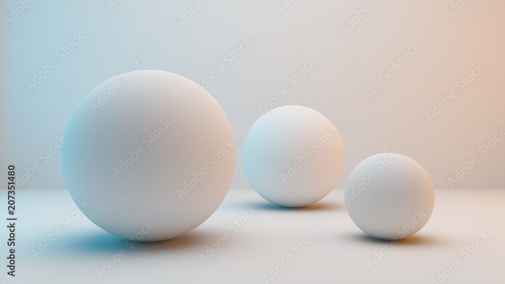 乳白色球体，在白色背景上隔离，略带蓝色和橙色照明。3D效果图