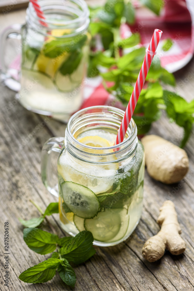 Lemon and cucumber drink in retro jar