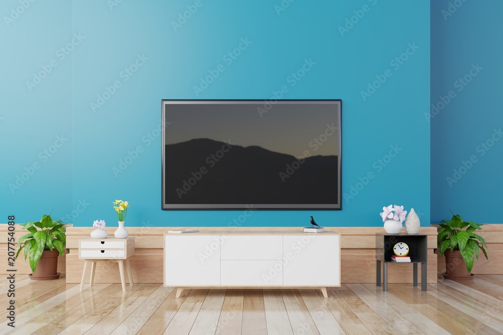 现代客厅橱柜上的电视，蓝色墙壁背景上有桌子、花草，3d渲染