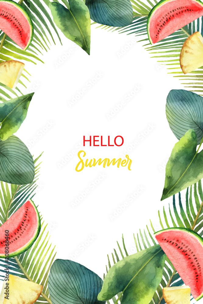 Watercolor vector card tropical leaves and fruits isolated on white background.