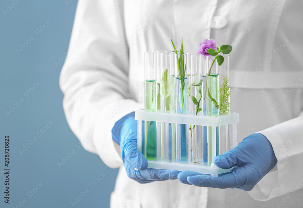 科学家拿着试管，彩色背景上有植物
