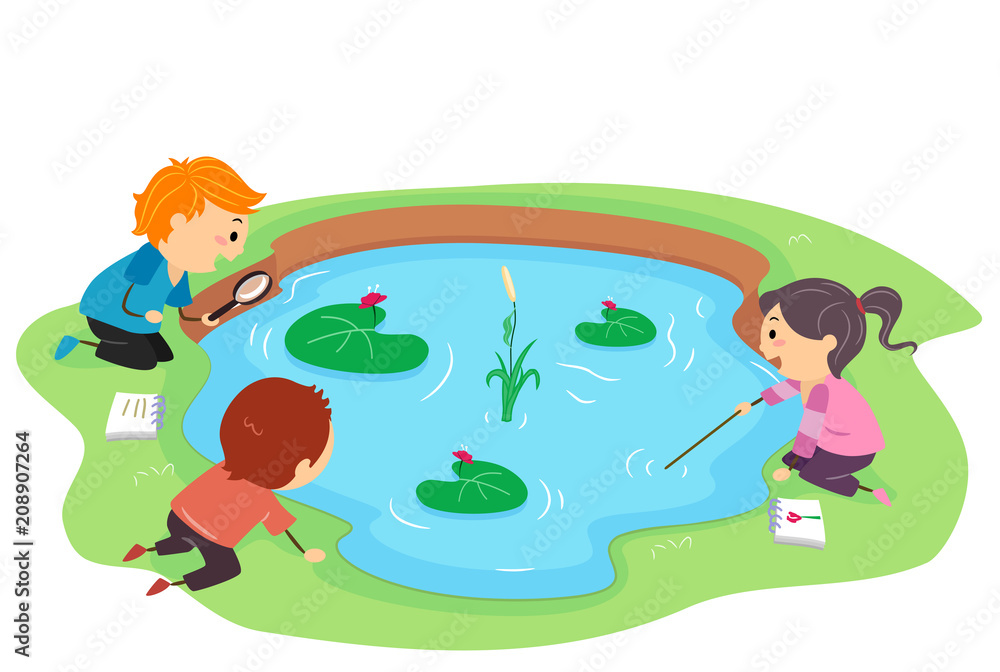 Stickman儿童观察池塘插图